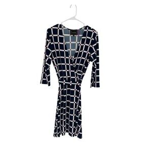 Leota Dress Women's Size Extra Large Navy Windowpane Faux Wrap Stretch Career